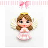 Decorative angel figurine with a pink bow on a white background